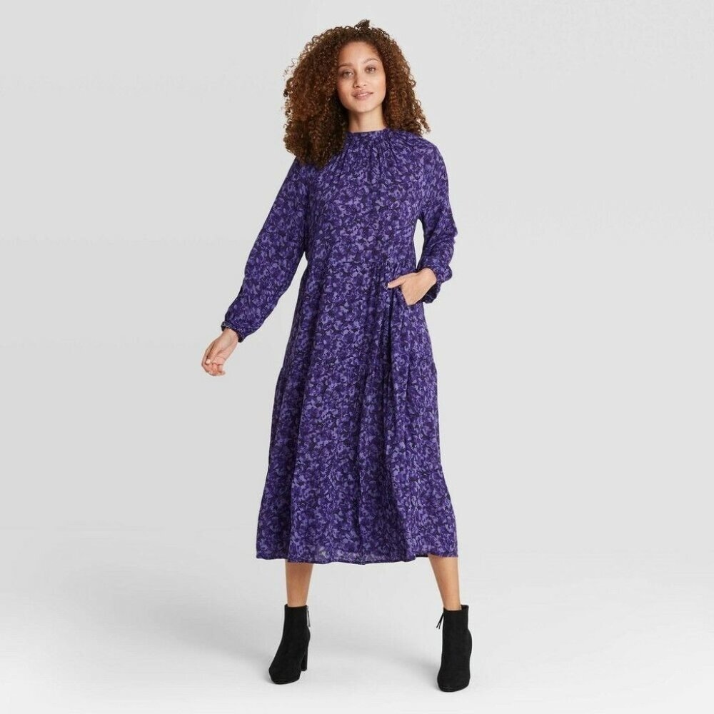 A New Day Womens Blue Floral Long Sleeve Designer Midi Dress Size XS